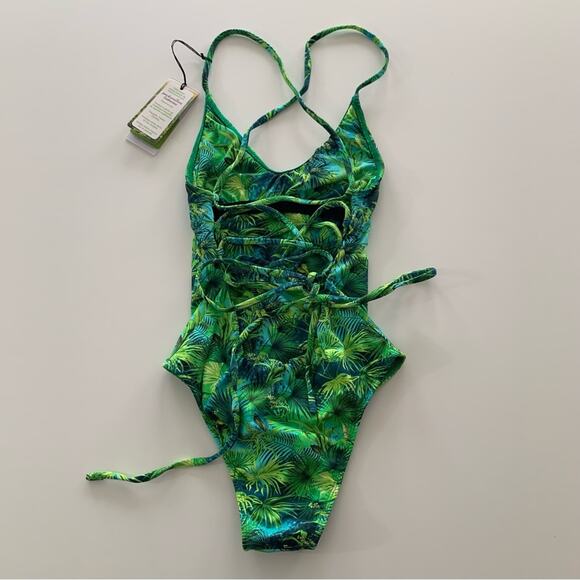 VDM Revolve Savannah Tropical Green One Piece Swimsuit Lace Up Back Bathing Suit - Picture 6 of 11